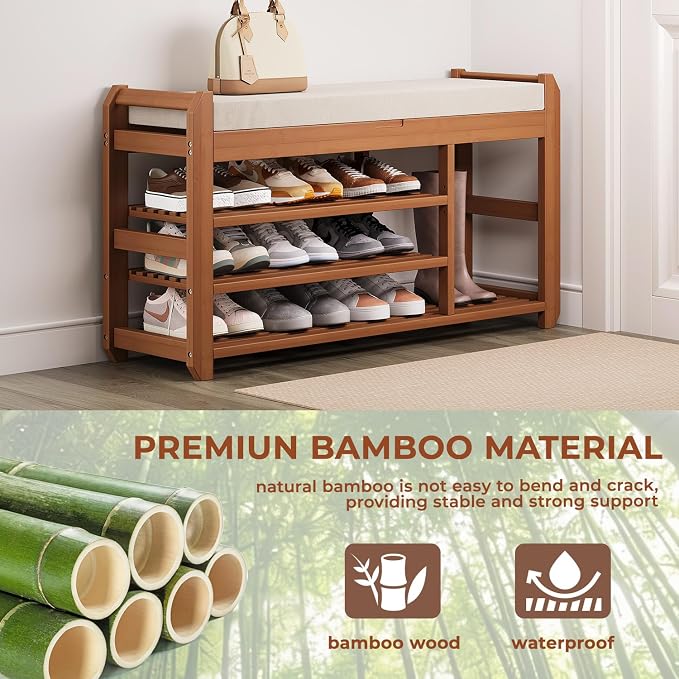 39.4" Bamboo Shoe Bench with Cushion, 3-Tier Adjustable Storage Bench for Entryway, Heavy Duty Shoe Rack Organizer with Removable Soft Cushion for Living Room Bedroom Hallway