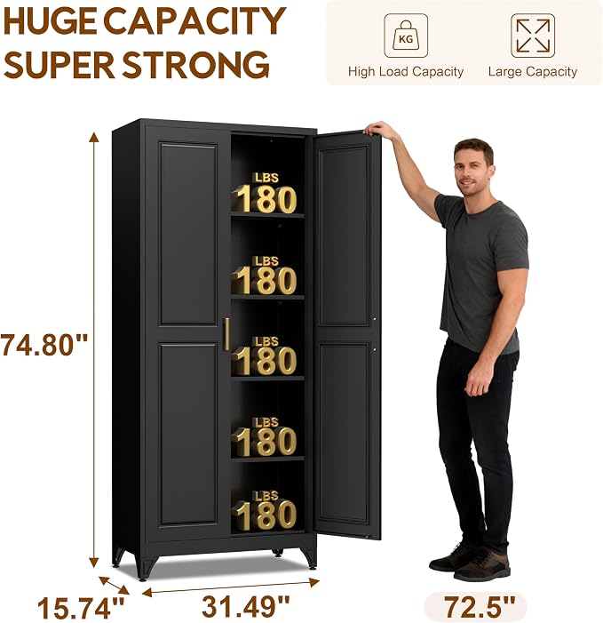 UNICOLY 75" Kitchen Pantry Cabinet, Tall Storage Cabinet with Doors and 4 Shelves, Metal Storage Cabinets for Kitchens, Living Room, Dinning Room, Assembly Required, Black