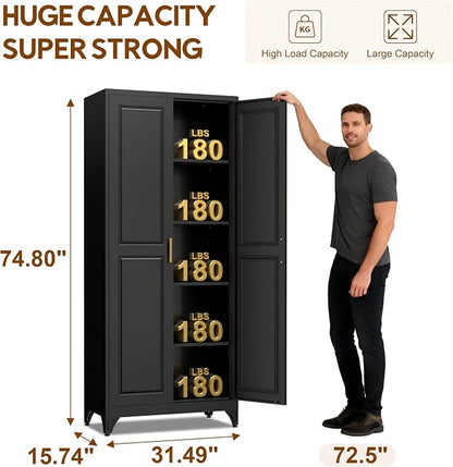 UNICOLY 75" Kitchen Pantry Cabinet, Tall Storage Cabinet with Doors and 4 Shelves, Metal Storage Cabinets for Kitchens, Living Room, Dinning Room, Assembly Required, Black