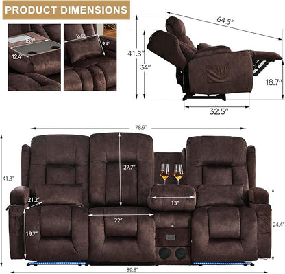URRED Power Loveseat Recliner Sofa with Massage and Heat, Wall Hugger Reclining Loveseat with Console, RV Couch Home Theater Seating with LED Lights for Living Room (Brown, 89.8" - 3 Seats)