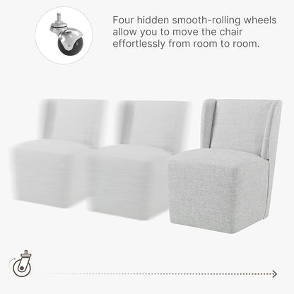KISLOT Upholstered Dining Chairs Set of 1 with Casters, Wingback Modern Side Armless Deskchair with Rollers for Diningroom Bedroom Livingroom Reading Room, Pale Gray Fabric