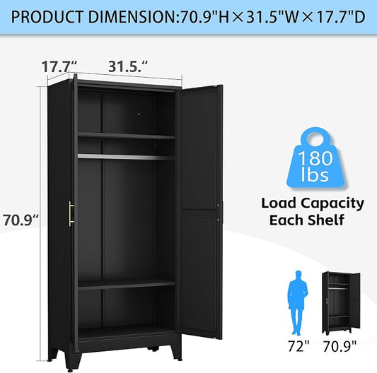 erosoei 71 "Metal Armoire Wardrobe Closet, Steel Clothing Storage Cabinet with Adjustable Shelves and Hanging Rod, Household Steel Wardrobe Storage Cabinet with Adjustable Standing feet（Black）