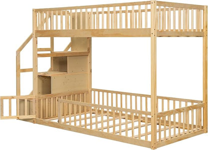 Twin Over Twin Floor Bunk Bed with Storage Ladder and Guardrails,for Kids Teens Adults (Natural#Ladder, Twin Over Twin)