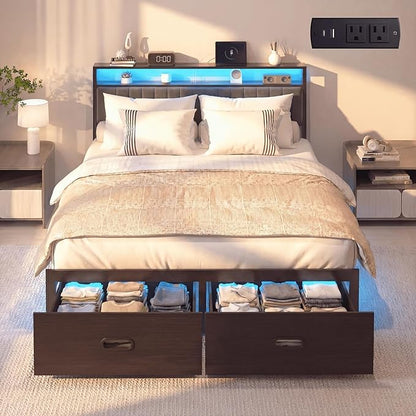 Full Bed Frame with 2 Drawers, Platform Bed Frame with LED Lights and Charging Station, Upholstered Headboard, Heavy Duty Metal Slats, No Box Spring Needed, Noise Free, Easy Assembly