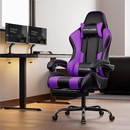 GTPLAYER Gaming Chair, Computer Chair with Footrest and Lumbar Support, Height Adjustable Game Chair with 360°-Swivel Seat and Headrest and for Office or Gaming (Faux Leather, Purple)