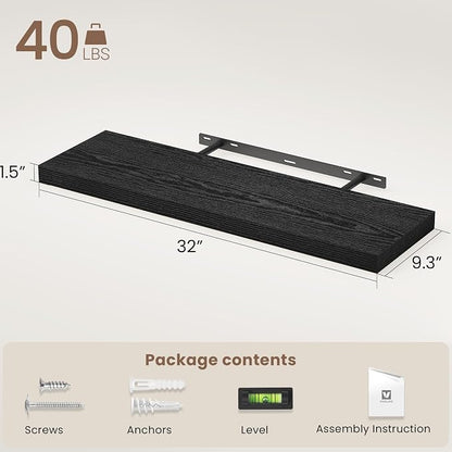 Vivelove 32 Inch Floating Shelves, Deep Wall Shelves with Invisible Brackets, Display Shlf for Bathroom Living Room Kitchen Bedroom Office Farmhouse Home Decor, 32" X 9.3" X 1.5" - Set of 2, Black