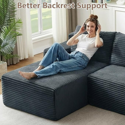 96" Cloud Sectional Couch U-Shaped Chaise with Ottoman, Corduroy Boneless Couch for Living Room Bedroom, Deep-Seat Upholstered Modular Cloud Sofa, No Assembly Required (Grey, Left Facing Chaise)