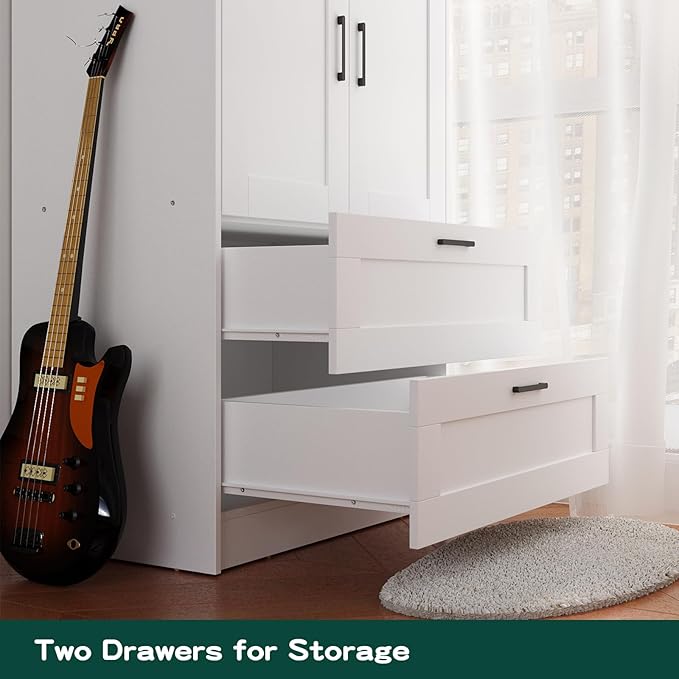 Fenghua Lizhi Wood White Wardrobe Closet with 2 Doors and 2 Drawers，Bedroom Freestanding Armoire Storage Cabinet with Shelves，Wooden Wardrobe Combination for Hanging Clothes (White 2 Drawers)