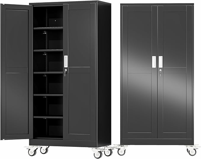 73.6" Metal Garage Storage Cabinet with Wheels and Locking Doors | Tall Rolling Steel Tool Cabinet with 5 Adjustable Shelves for Garage,Home Office(Black, 73.6''H x 35.4''W x17.7''D)