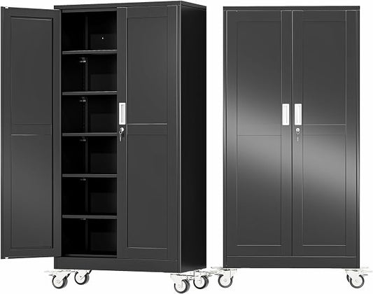 73.6" Metal Garage Storage Cabinet with Wheels and Locking Doors | Tall Rolling Steel Tool Cabinet with 5 Adjustable Shelves for Garage,Home Office(Black, 73.6''H x 35.4''W x17.7''D)