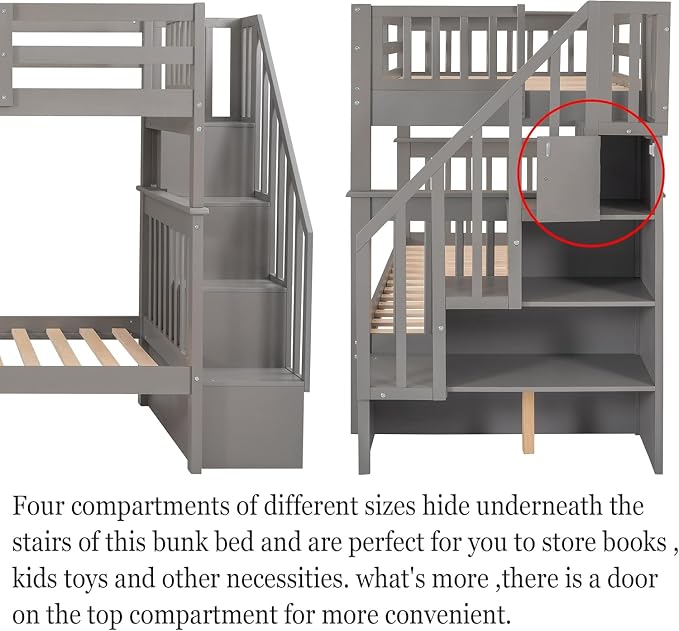 MERITLINE Twin Over Twin Bunk Bed with Storage Staircase, Solid Wood Stairway Convertible Bunk Bed with Stairs (Twin Over Twin,Grey)