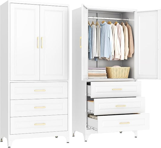 SteeLoong 71" Metal Armoire Wardrobe Closet with 3 Drawer，Tall Clothing Storage Cabinet with Adjustable Shelves and Hanging Rod,White Wardrobe Closet for Bedroom,Home,Office,Gym