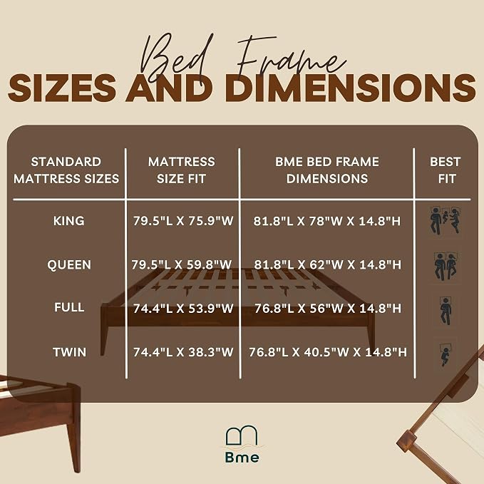 Bme Dinkee 15-Inch Solid Wood Queen Platform Bed Frame - Japanese Joinery, Minimalist Style - Wood Slats, Easy Assembly, No Box Spring Needed - Chocolate