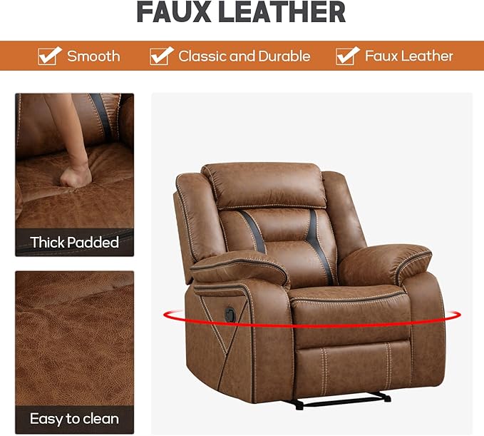 EBELLO Faux Leather Manual Recliner Chair, Modern Design Single Reclining Sofa Chair with Comfortable Armrest and Backrest, Furniture for Living Room, Bedroom, Brown