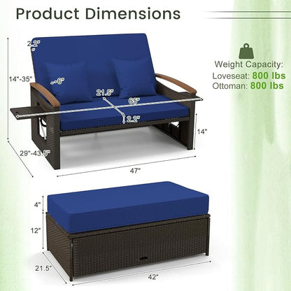 LDAILY Moccha Outdoor Wicker Daybed, Patio Rattan Loveseat Sofa w/ 4-Level Adjustable Backrest, Folding Panels, Storage Ottoman & Cushions, Lounge Furniture Set for Poolside Backyard Porch (Navy)