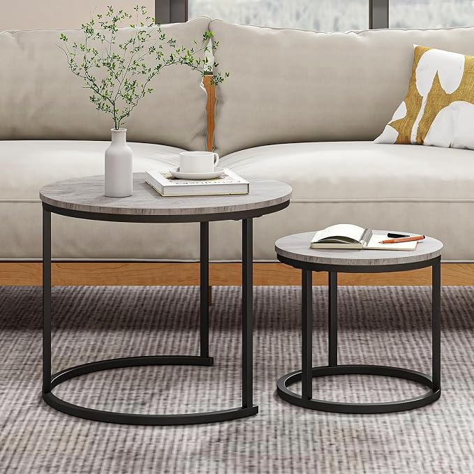 HOJINLINERO Round Coffee Table,Nesting Coffee Table Set of 2,Center Tables for Living Room,Office, Home Small Space,Stacking Side Tables,Sturdy and Easy Assembly,Wood Desktop,Black+Grey,Small