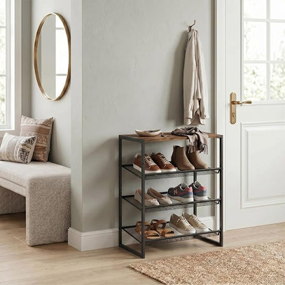 Shoe Rack for Entryway,4 Tier Shoe Shelf，Sturdy Shoe Storage Organizer,Boot Rack with a Fine Mesh Shelves，for Living Room, Hallway，Small Space,11.8 x 16.5 x 27.9 Inches,Brown