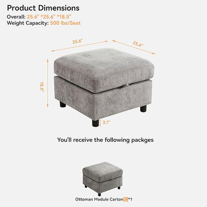 WUTUTUEE 25”Square Storage Ottoman Module for Modular Sectional Sofa, Living Room Coffee Table Sectional Ottoman Footrest for Convertible Couch, Chenille Light Grey