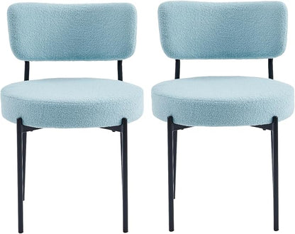 Boucle Dining Chairs Set of 2, Blue Mid Century Modern Kitchen Dining Room Chairs with Curved Backrest and Metal Frame, Round Upholstered Dining Chairs for Kitchen, Living Room