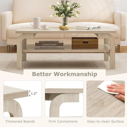 Giantex 2-Tier Coffee Table with Storage, 47” Mid Century Rectangle Accent Table with Open Shelf, Large Tabletop & Curved Legs, Rustic Style Wood Cocktail, Center Table for Living Room, Natural