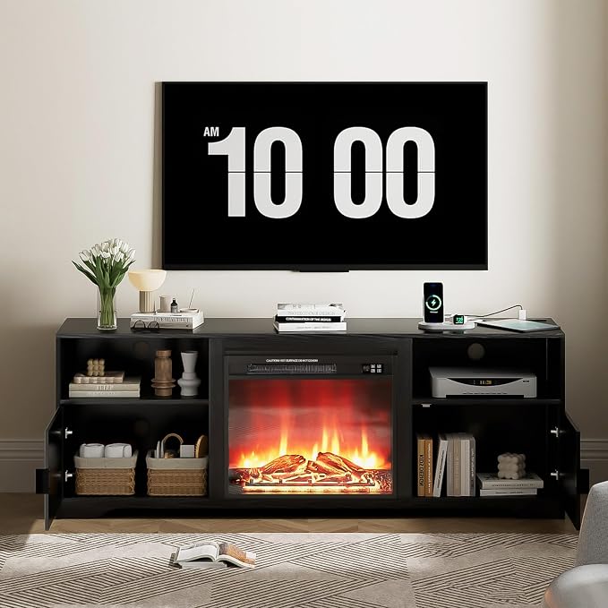 Mxtxmy Fireplace TV Stand for Television up to 80 Inch,Entertainment Center with Adjustable Shelf,Mid-Century Modern Fluted TV Stand with 23" Electric Fireplace,Media Console for Living Room,Bedroom