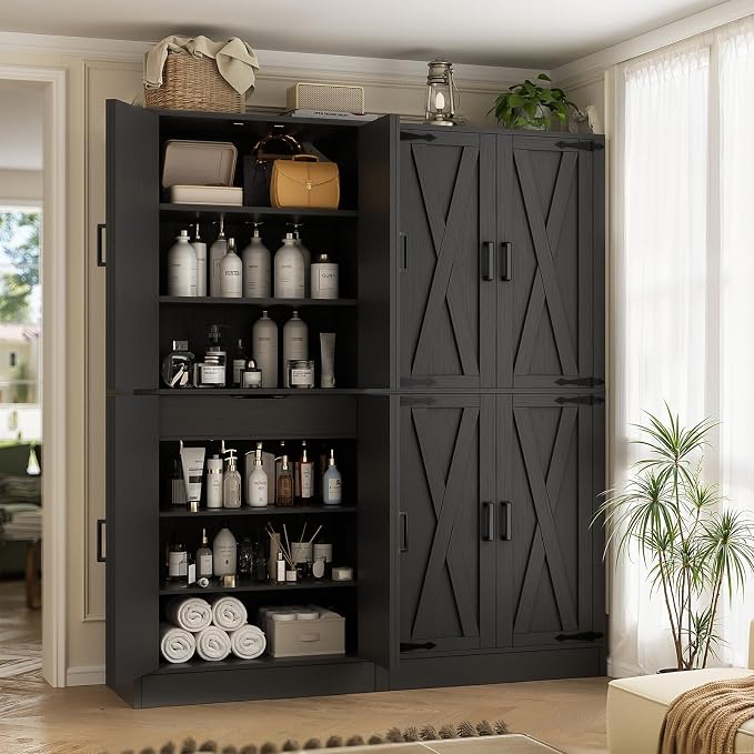 Unikito Black 71" Tall Kitchen Pantry Cabinet, Hidden Drawers and Farmhouse Barn Doors, 8 Adjustable Shelves, Freestanding Cupboard for Kitchen, Dining Room, Living Room, Utility Room, 2 Pack
