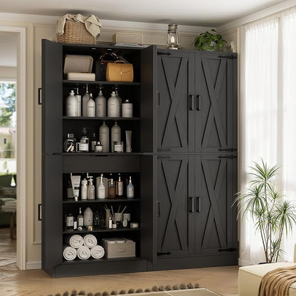 Unikito Black 71" Tall Kitchen Pantry Cabinet, Hidden Drawers and Farmhouse Barn Doors, 8 Adjustable Shelves, Freestanding Cupboard for Kitchen, Dining Room, Living Room, Utility Room, 2 Pack