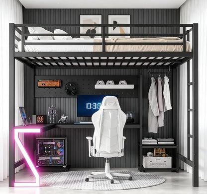 Bellemave Queen Size Loft Bed with Desk and USB Ports, Computer Tray, Peg Board LED, Metal Full Loft Bed Frame for Adults, Kids, Teens, Black