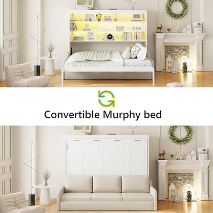 MERITLINE Full Horizontal Murphy Bed with Sofa and Storage Shelves, LED Light, Solid Wood Space Saving Hideaway Murphy Wall Bed with Couch and Storage for Adults (Beige,Full)