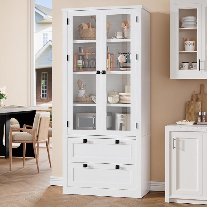 72" Tall Kitchen Pantry Cabinet - Modern Display Storage Cabinet with 2 Large Drawers, Glass Doors, and Adjustable Shelves, Farmhouse Kitchen Cupboard for Dining Room, Bathroom, Living Room, White