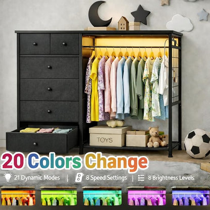 Simple Deluxe Storage Clothes Rack with 6 Drawers, Charging Station & LED Lights, Fabric Chest Shelves Clothing Rack, Wooden Portable Wardrobe Closet, 49.2" W x 15.7" D x 47.2" H, Gary
