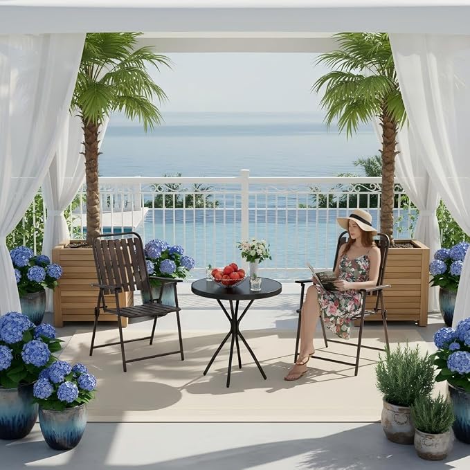 3-Piece Folding Bistro Set, Weather-Resistant Outdoor/Indoor Conversation Set with Heavy-Duty Powder-Coated Steel Frame and Tempered Glass Side Table for Patio, Yard, Garden (Brown)