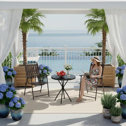 3-Piece Folding Bistro Set, Weather-Resistant Outdoor/Indoor Conversation Set with Heavy-Duty Powder-Coated Steel Frame and Tempered Glass Side Table for Patio, Yard, Garden (Brown)