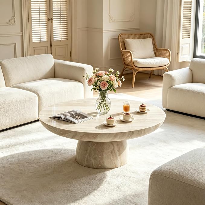 35.43" Round Marble Coffee Table, Modern Pedestal Coffee Table Faux Stone Drum Center Table with Base, Accent Concrete Side End Table for Living Room Apartment Home Office