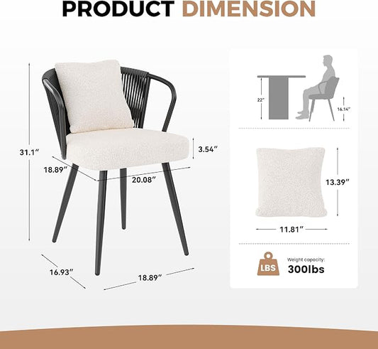 Rope Weaving Dining Chairs Set of 4, Modern Rattan Upholstered Kitchen Chair with Metal Legs, Ergonomic Curved Backrest, Living Room Chairs with Throw Pillow for Kitchen, Black