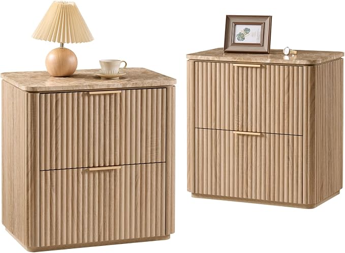 Fluted Nightstand Set of 2, 23" W Night Stand with 2 Drawers, Wood Bed Side Table with Faux Marble-Top, Curved Corner, Metal Handle, Modern Bedside Table for Bedroom, Living Room, Office, Natural Oak