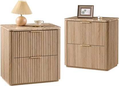 Fluted Nightstand Set of 2, 23" W Night Stand with 2 Drawers, Wood Bed Side Table with Faux Marble-Top, Curved Corner, Metal Handle, Modern Bedside Table for Bedroom, Living Room, Office, Natural Oak
