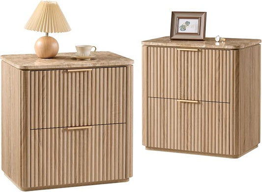 Fluted Nightstand Set of 2, 23" W Night Stand with 2 Drawers, Wood Bed Side Table with Faux Marble-Top, Curved Corner, Metal Handle, Modern Bedside Table for Bedroom, Living Room, Office, Natural Oak