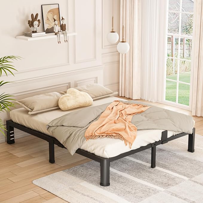 Bilily 10 Inch Low Bed Frame Queen with Round Corner Legs,3500 LBS Heavy Duty Low Profile Queen Bed Frame Metal Platform, No Box Spring Needed, Easy Assembly, Noise-Free, Headboard Compatible,Black