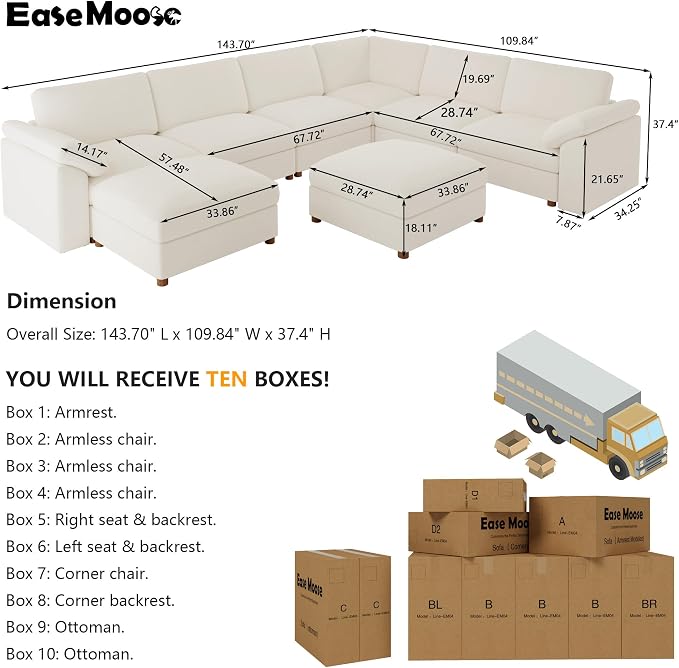 EASE MOOSE Oversized Sectional Modular Sofa,Comfty U Shape Sectional Modern Deep Seat Couch,White Modular Cloud Couch