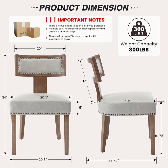 HNY Mid Century Modern Dining Chairs Set of 4, Farmhouse PU Leather Upholstered Accent Chairs Curved Nailhead Trim Backrest Kitchen Chairs, with Hardwood Frame, Grey