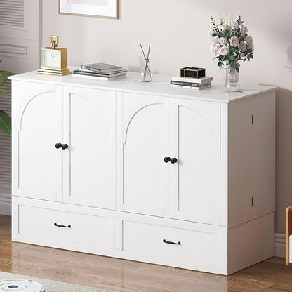 PUREMIND Murphy Bed Queen, Arched Frames Cabinet Beds Chest with Charging Station & Storage Drawers, Convertible Hideaway Cabinet Bed for Guest Room, White, Without Mattress