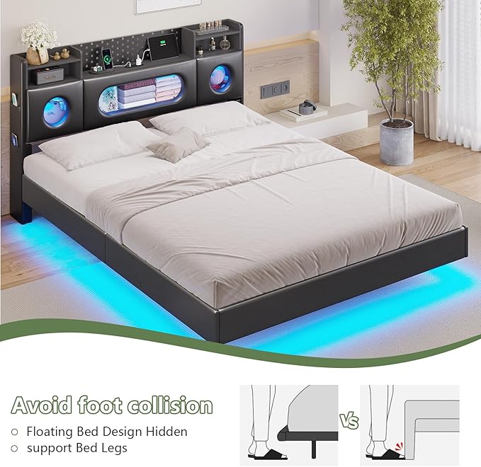 Dnxao Floating Bed Frame Queen with Headboard Storage& LED Lights, PU Black | Modern Metal Platform Bed with USB & Type C Charging Station and Hidden Storage, Metal Support, No Box Spring Needed