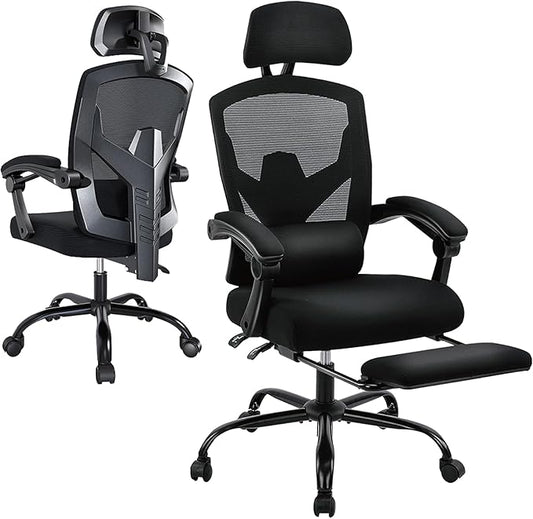 Desk Chair with Foot Rest, High-Back Mesh Office Chair with Wheels, Reclining Gaming Chair with Headrest and Adjustable Lumbar Support, 90°-130° Reclining, for Home Office and Gaming, Black
