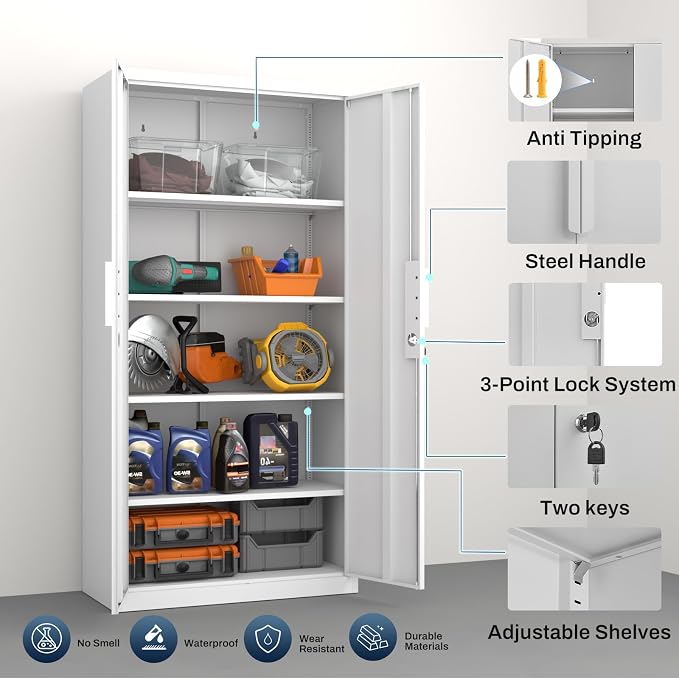 Metal Garage Storage Cabinet with Lock, 72" Tall Steel Storage Locker with 4 Adjustable Shelves, Heavy Duty Metal Cabinet for Garage, Office, Home, White