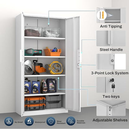 Metal Garage Storage Cabinet with Lock, 72" Tall Steel Storage Locker with 4 Adjustable Shelves, Heavy Duty Metal Cabinet for Garage, Office, Home, White
