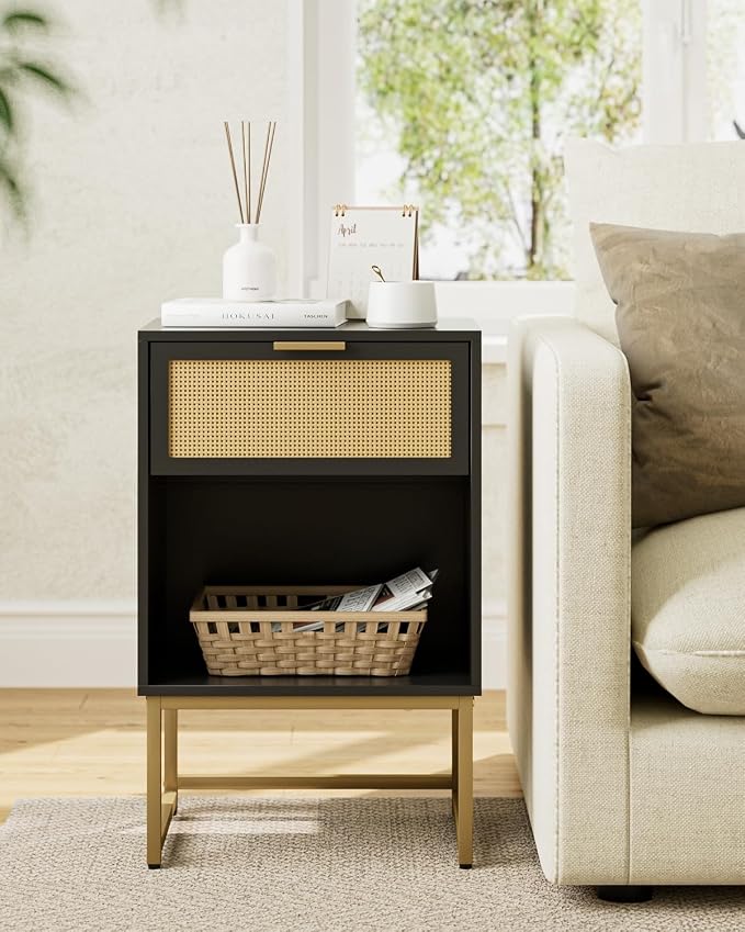 Masupu Rattan Nightstand,Modern Night Stand Boho Farmhouse Wood Bedside Table with Storage Drawer Side End Table for Bedroom, Office,Black