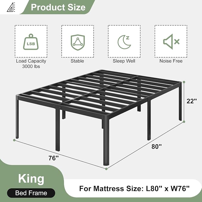 Lutown-Teen 22 Inch High King Bed Frame with Rounded Corner Legs, Sturdy Mattress Foundation, Heavy Duty Metal King Size Platform No Box Spring Needed, Noise Free, Easy Assembly, Black
