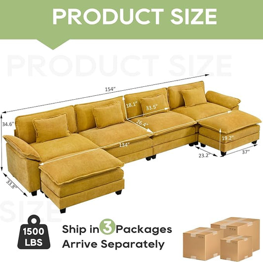 Oprisen 154" Modular Sectional Sofa, Comfy Cloud Couch Sectional Sofa with Ottoman, Chenille Sofa Sleeper Deep Seat Sofa with Throw Pillows for Living Room (Yellow, 154"- U Shape)
