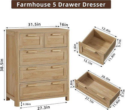 Joaxswe Farmhouse 5 Drawer Dresser for Bedroom, Vertical Dressers Chest of Drawers with 5 Deep Drawers & 4 Thickened Table Legs, Natural Wood